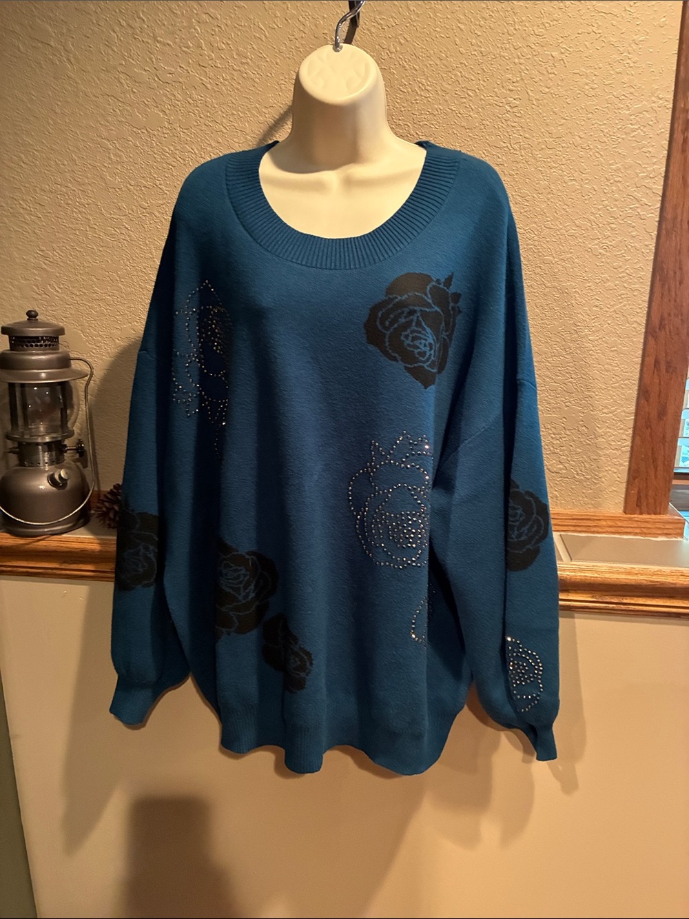 torrid Teal Scoop-Neck Rose-Print Sweater with Stud Accents